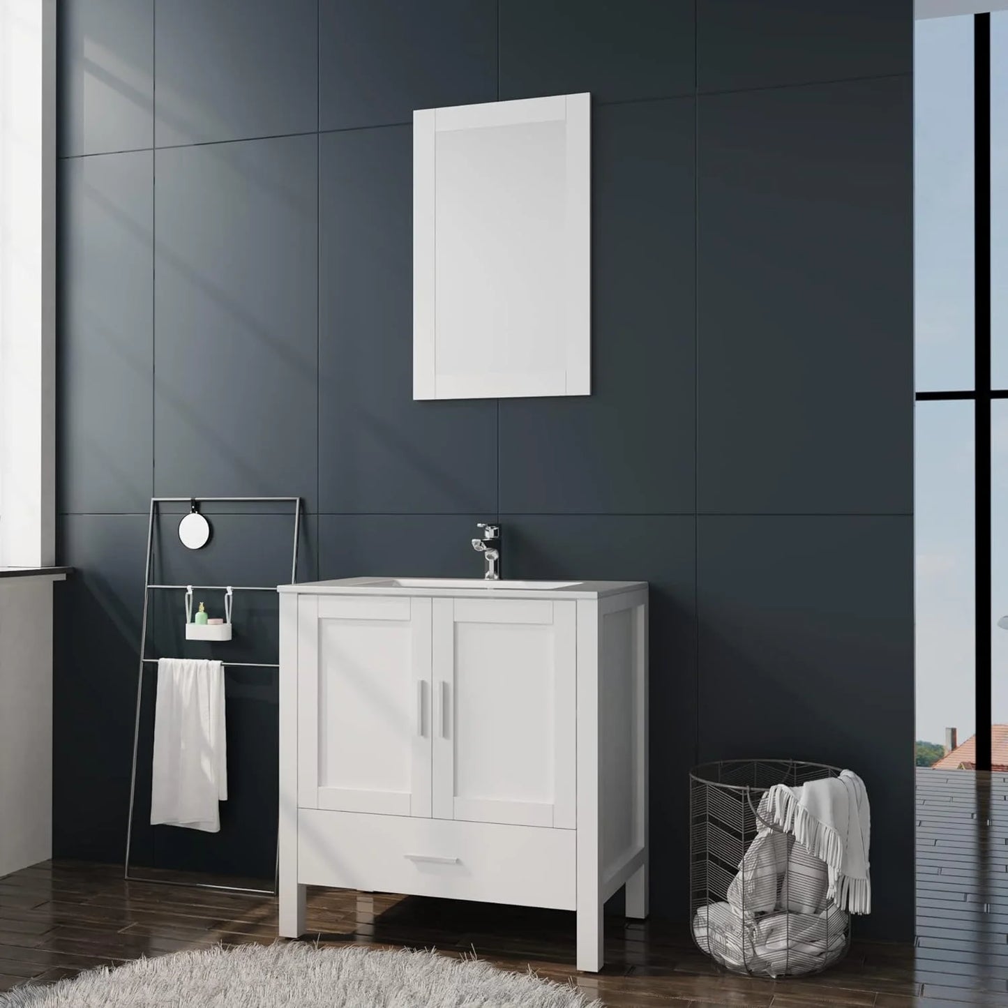 Goodyo 30" White Bathroom Vanity and Sink Combo Modern Drop in Sink Bathroom Cabinet with Mirror and Drain
