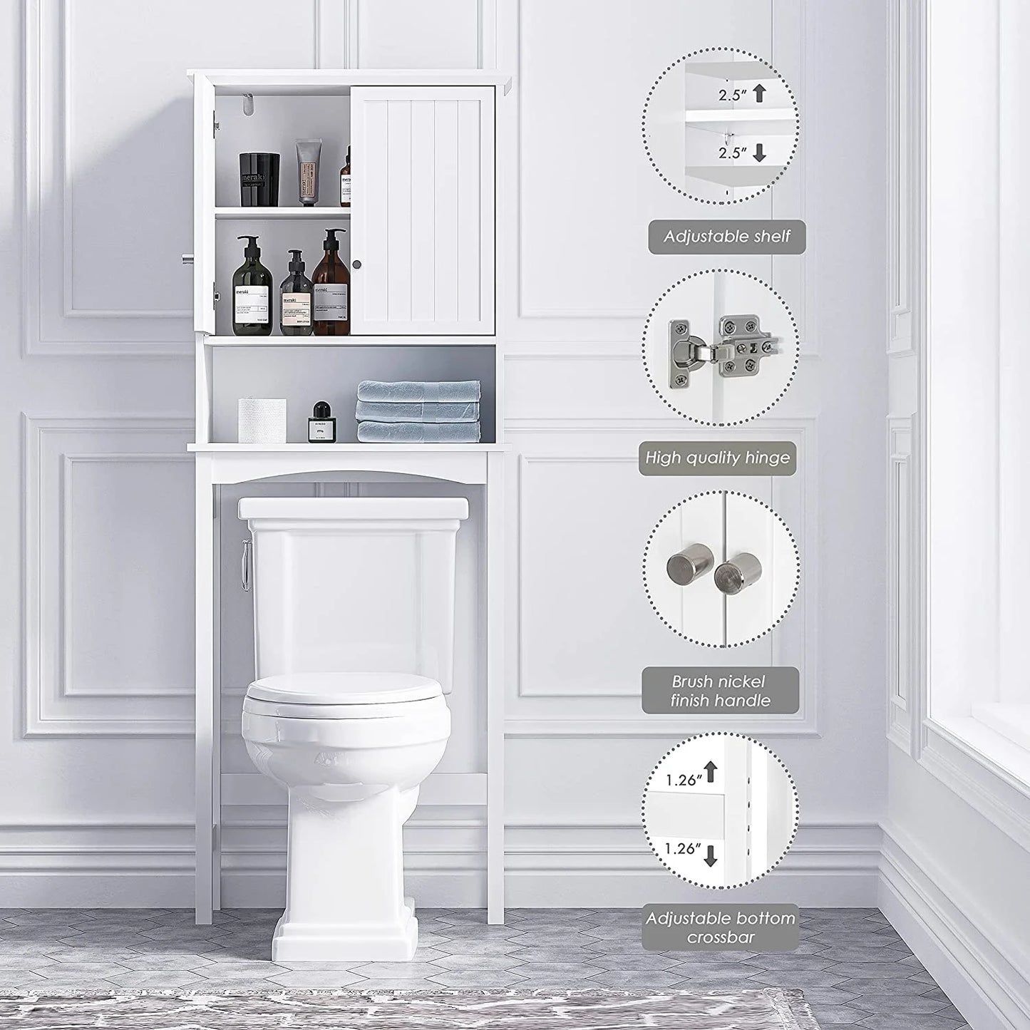 Spirich Home Bathroom Storage over The Toilet, Bathroom Cabinet Organizer with Adjustable Shelf and Double Doors, White Finish
