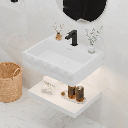 GGISHA 24"x19" Wall-Mount Stone Resin Bathroom Sink Rectangular Vessel Sinks for Bathroom Floating Vanity Sink Trough Modern Art Basin with Shelf Layer