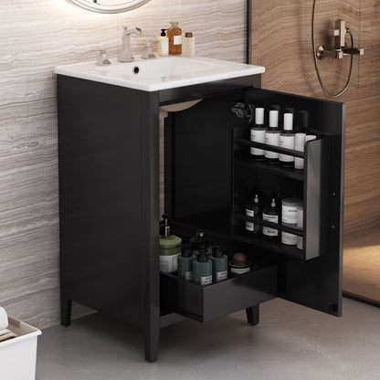 20.3 Inch Bathroom Vanity with Ceramic Sink, Solid Wood Small Single Vanity with Drawer and Soft Close Doors, White Modern Bathroom Cabinet with Storage