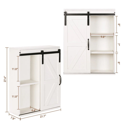 Rustown Farmhouse Wood Wall Storage Bathroom Cabinet with Sliding Barn Door, Rustic Medicine Cabinet with Adjustable Shelf, 3-Tier Vintage Cabinet for Kitchen, Bathroom, Living Room, Vintage White
