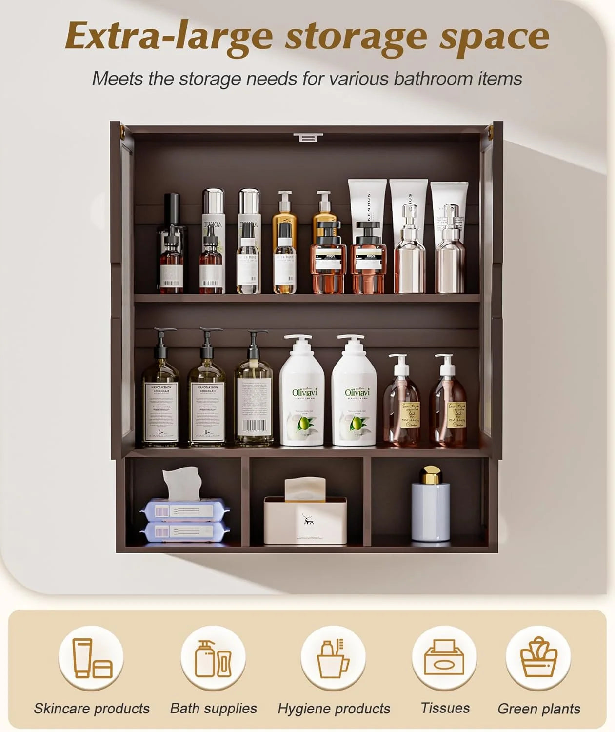 Bathroom Wall Cabinet with 2 Frosted Door,Bamboo Medicine Organizer with Open Compartment,Over The Toilet Storage Shelf Space Saver (Brown)