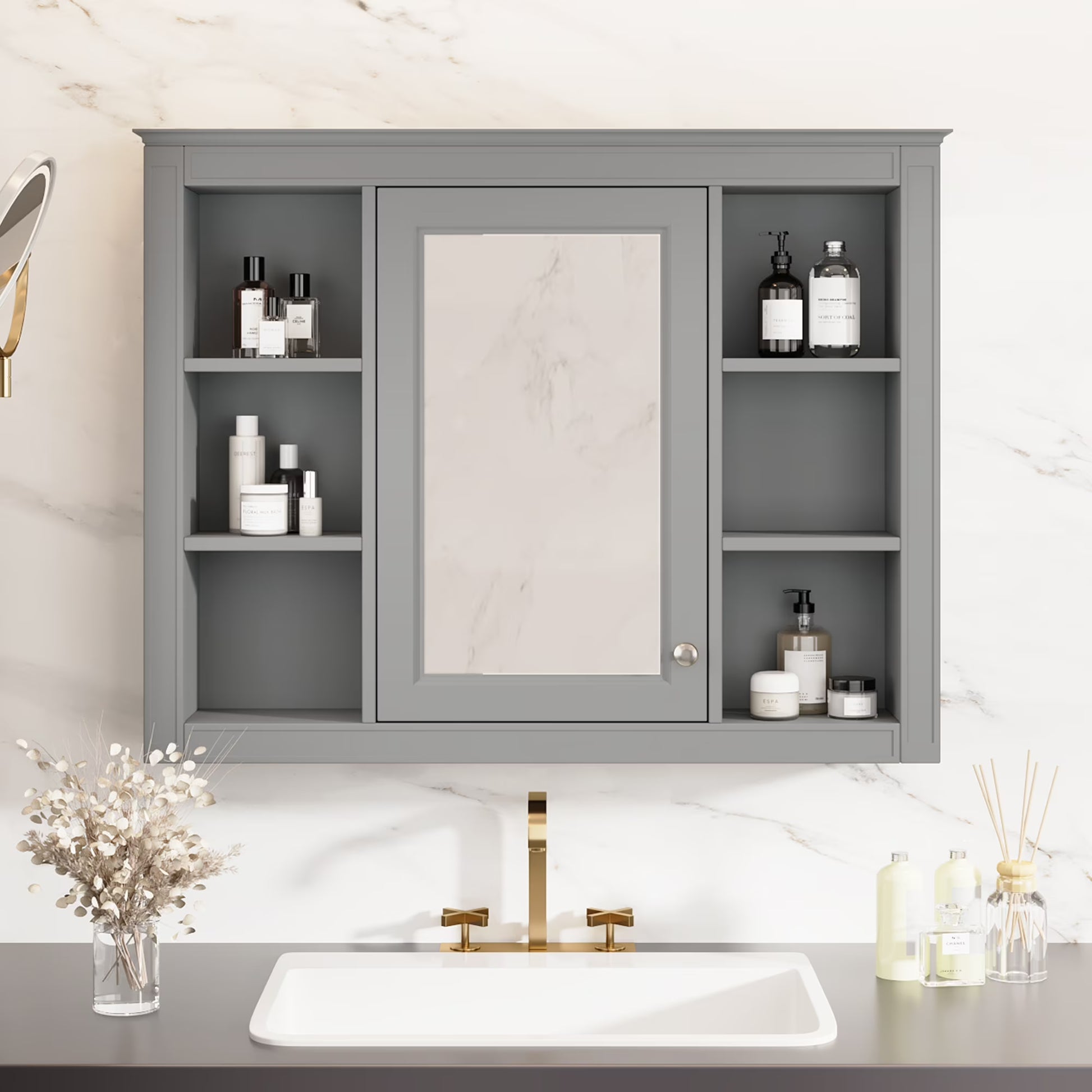 Euroco Wall Mounted Bathroom Mirror Cabinet Triple Door Vanity Storage with Concealed Shelves, Modern Design, Durable Construction, Easy Assembly
