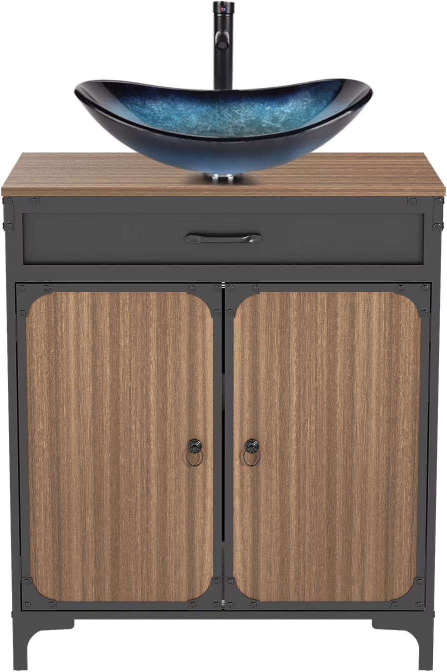 PULUOMIS Bathroom Vanity, 30" Bathroom Vanity with Sink Combo Set, Brown Modern Wood Bathroom Cabinet with Black Ceramic Bathroom Sink