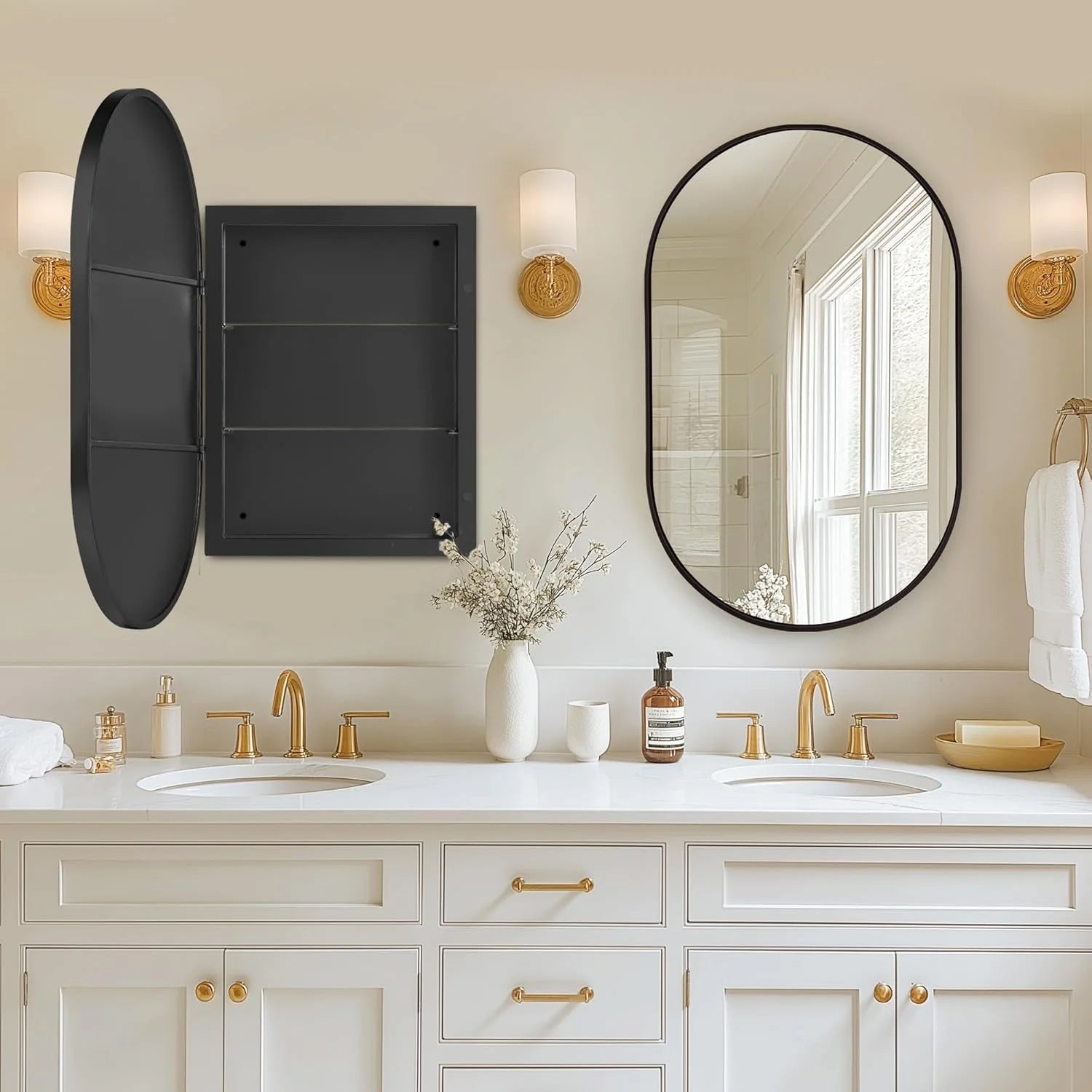 SogesHome Medicine Cabinet with Mirror, 21x34 Oval Mirror Cabinet, Wall Mount Recess Bathroom Vanity Mirror with Storage with 2 Adjustable Shelves, Perfect for Bathroom, Black