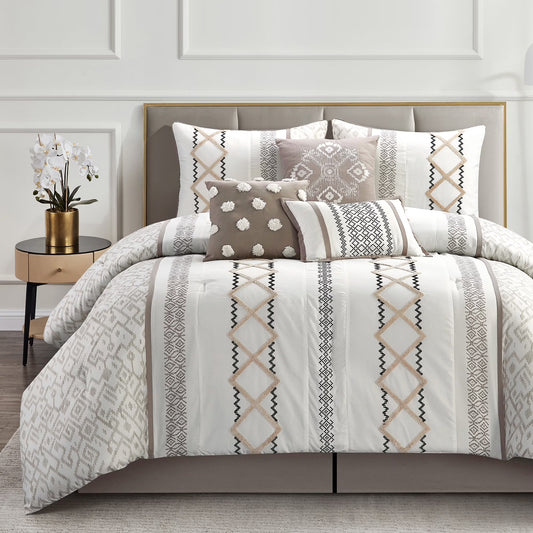 Lanco Luxury 7 Piece Cozy Boho Comforter Set Queen Beige Embroidered Girls Bedding, Premium Microfiber, All Season Home Décor