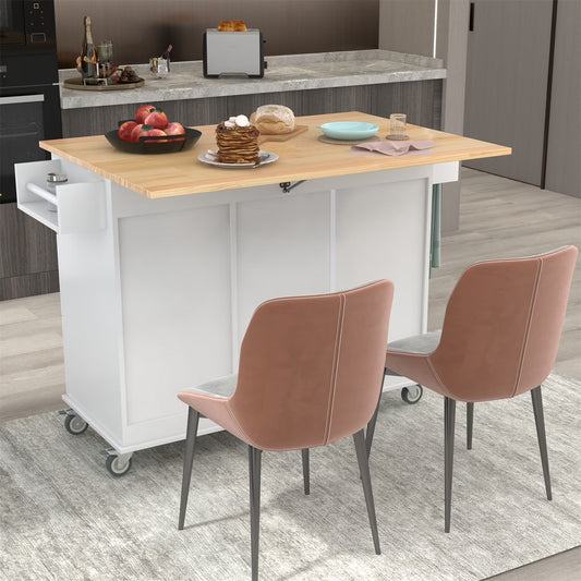 Kitchen Island Cart, Drop Leaf Kitchen Island on Wheels with Spice Rack, Towel Rack and 3 Drawers, Rolling Mobile Kitchen Island with Storage Cabinets and Solid Wood Top, White