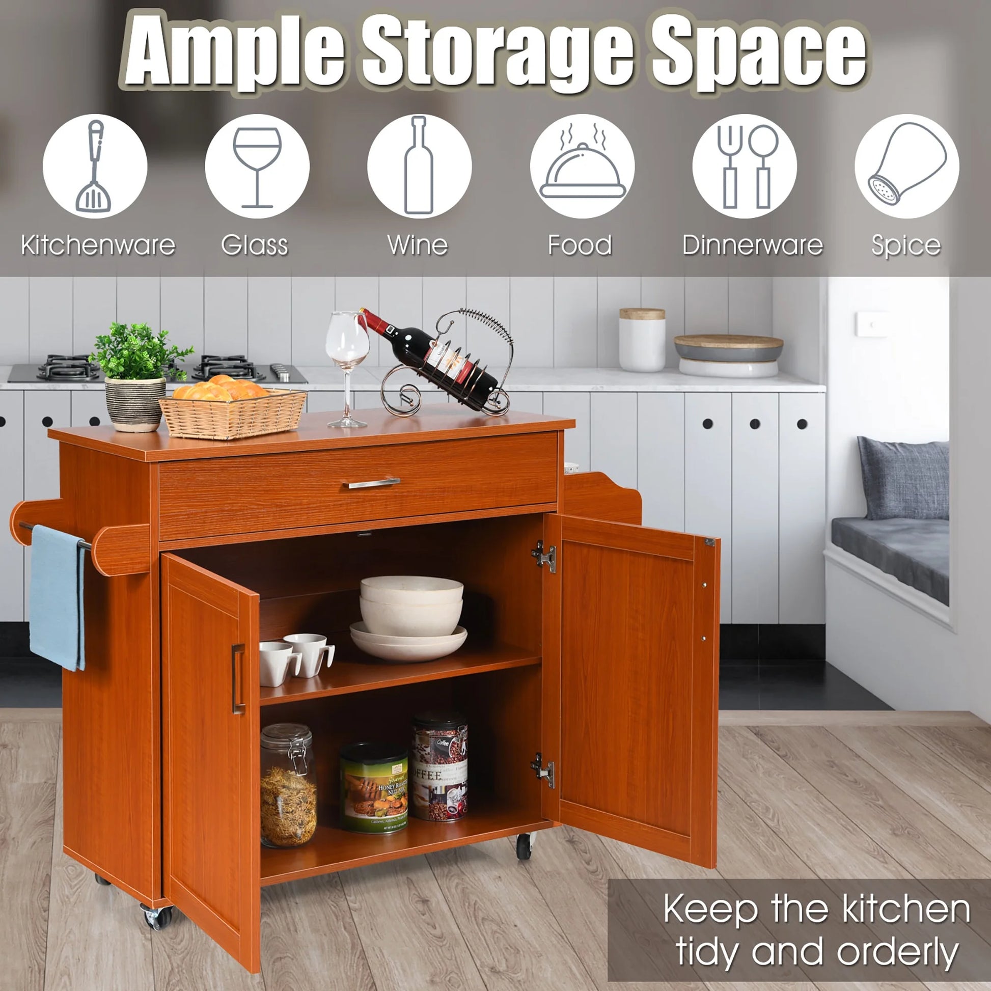 Costway Rolling Kitchen Island Cart Storage Cabinet w/Towel & Spice Rack Cherry