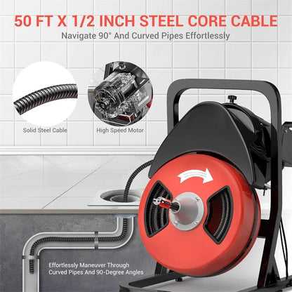 50FTx1/2 Inch Drain Cleaner Machine, Sewer Snake Electric Drain for 2" to 4" Pipes, Plumbing Snake Auger Cleaner with Wheels & 4 Cutter & Foot Switch for Sewer, Sink, Toilet, Bathroom and Shower
