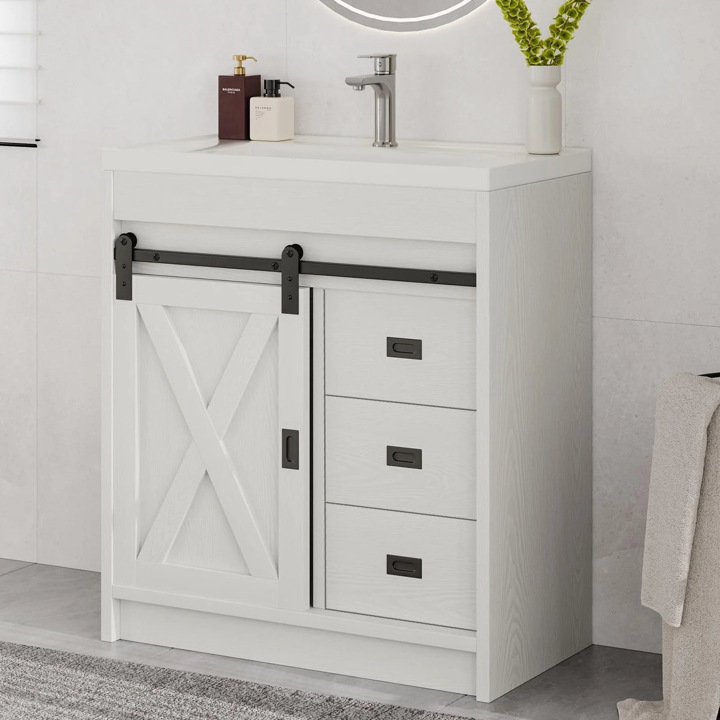 DreamCurship 32" Bathroom Vanity with Sink Combo, White Bathroom Storage Cabinet with Drawers, Farmhouse Bathroom Vanity Cabinet with Sliding Barn Doors, White