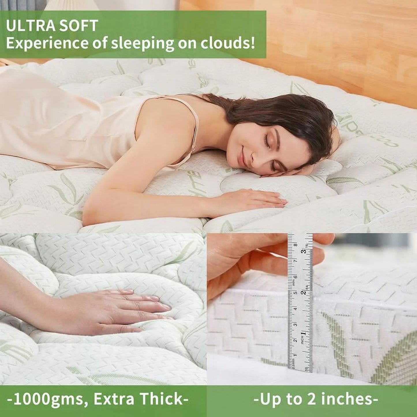 ZuoZuoMing Bamboo Mattress Topper 1000GSM with 1 Pillow Protector& Eye Mask, Side Pocket, Waterproof Mattress Protector, Cooling Extra Thick Breathable Mattress Pad Cover,8-21° Deep