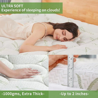 ZuoZuoMing Bamboo Mattress Topper 1000GSM with 1 Pillow Protector& Eye Mask, Side Pocket, Waterproof Mattress Protector, Cooling Extra Thick Breathable Mattress Pad Cover,8-21° Deep