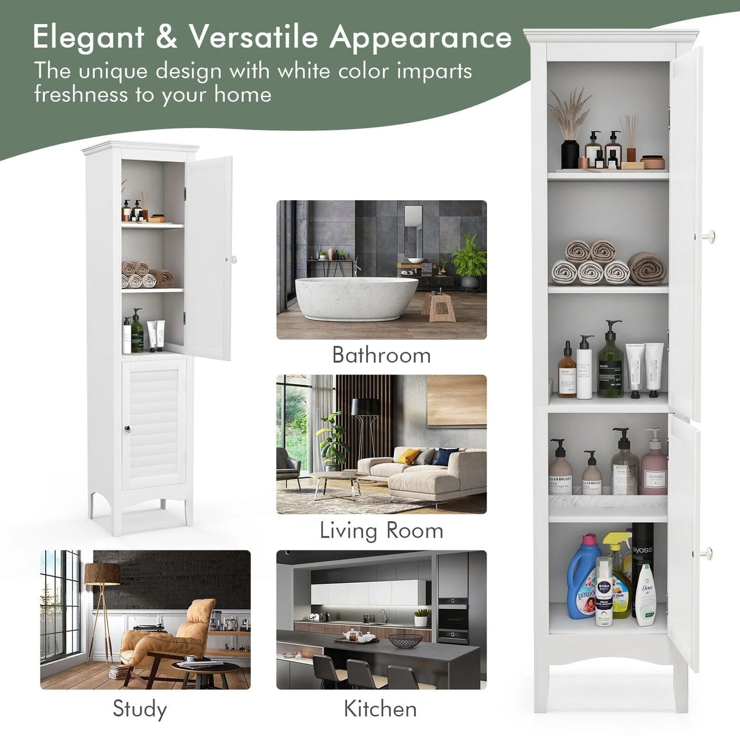 Vicamelia Bathroom Floor Cabinet Narrow Linen Tower w/2 Doors & Adjustable Shelf, Tall Kitchen Pantry Cabinet, White