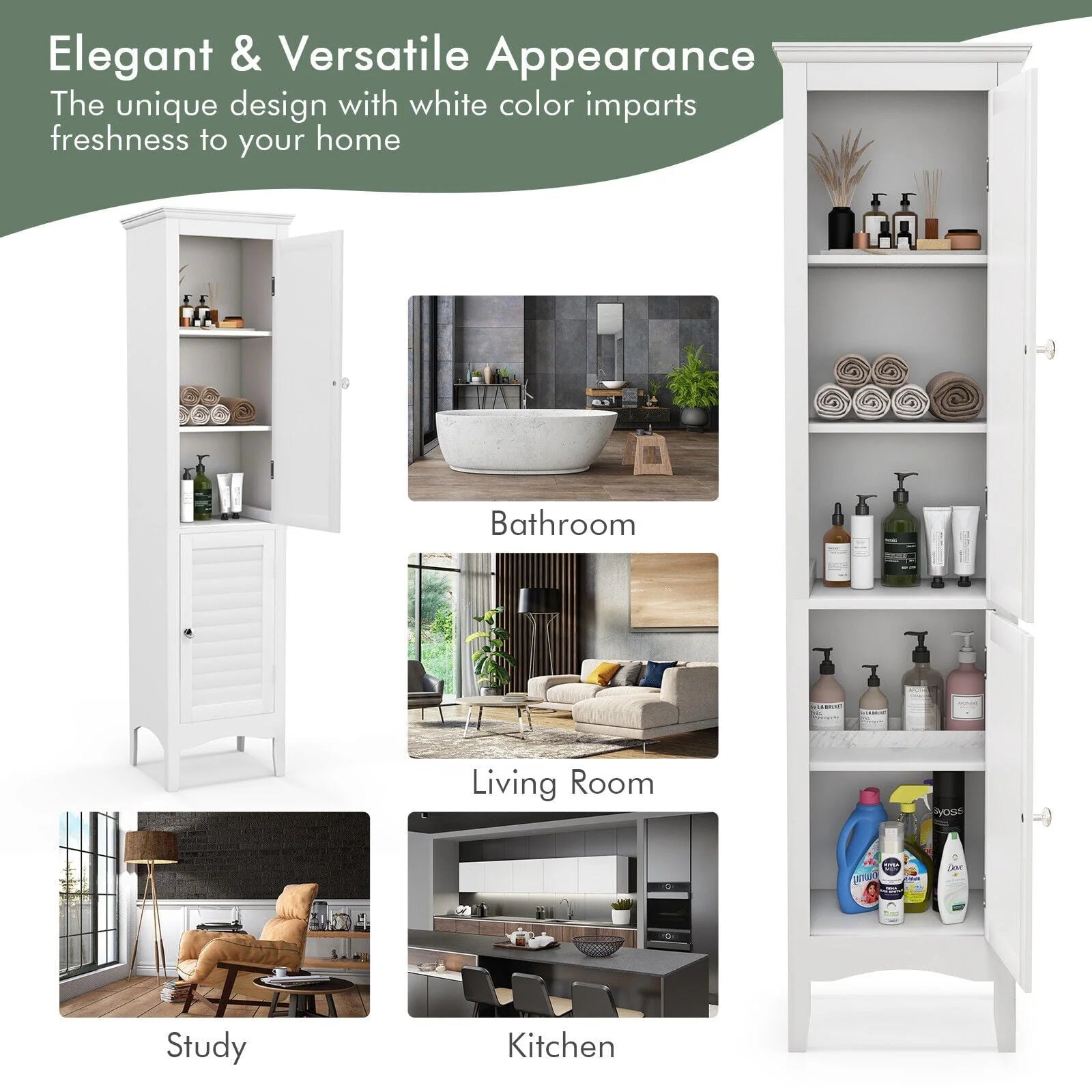 Vicamelia Bathroom Floor Cabinet Narrow Linen Tower w/2 Doors & Adjustable Shelf, Tall Kitchen Pantry Cabinet, White