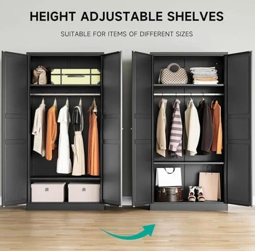 Metal Wardrobe Cabinet with Hanging Rod,Black Armoire Wardrobe Closet,Metal Clothing Storage Cabinet with Adjustable Shelves and Doors,72" Cloth Storage Cabinets for Home,Living/Laundry Room