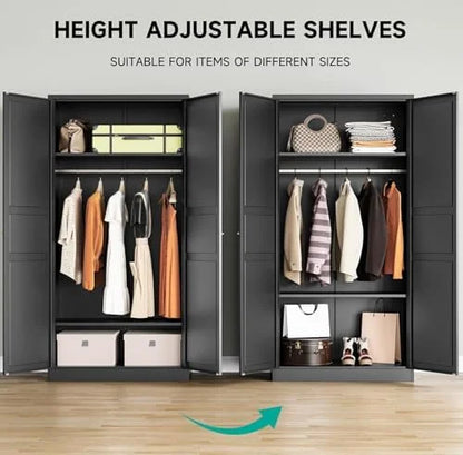 Metal Wardrobe Cabinet with Hanging Rod,Black Armoire Wardrobe Closet,Metal Clothing Storage Cabinet with Adjustable Shelves and Doors,72" Cloth Storage Cabinets for Home,Living/Laundry Room