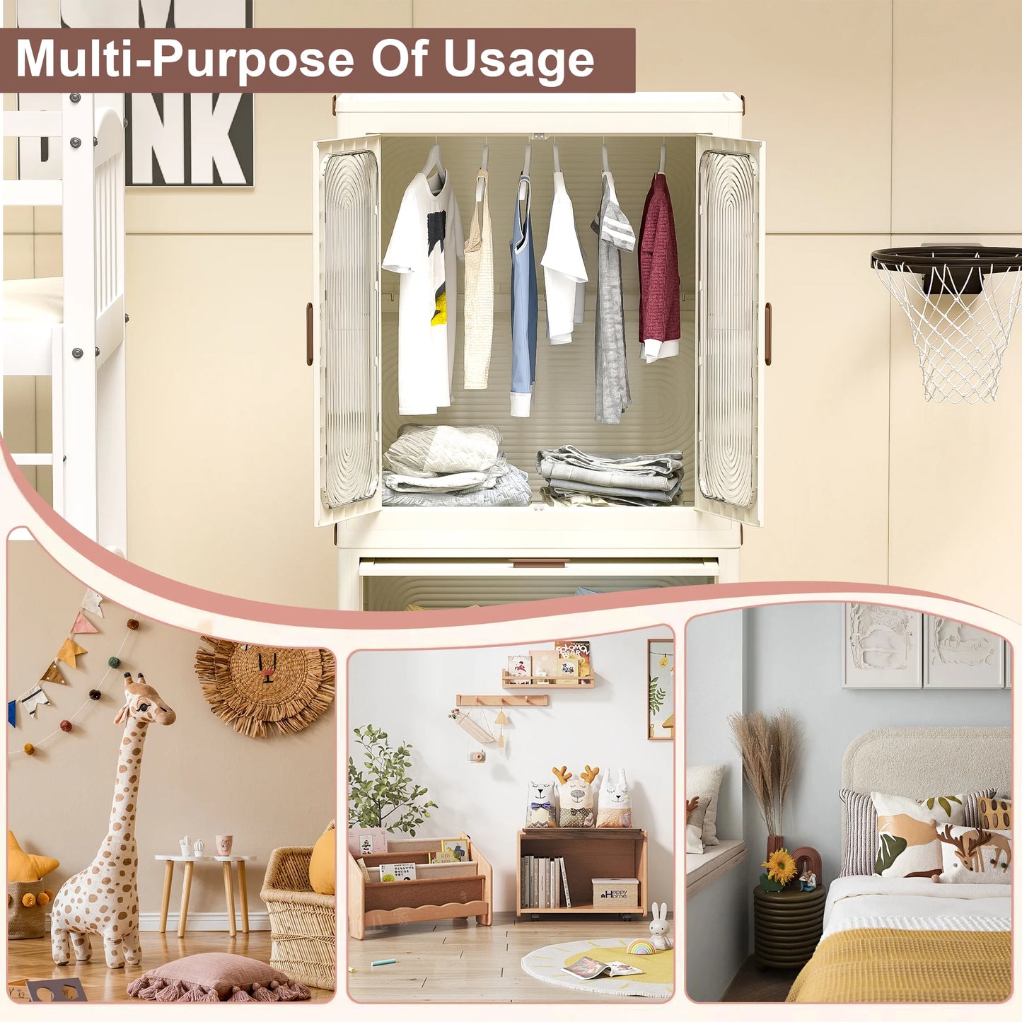 Montary Kids Portable Wardrobe w/Magnetic Doors & Hanging Rod - 4-Cube Plastic Storage Cabinet,Nursery/Bedroom