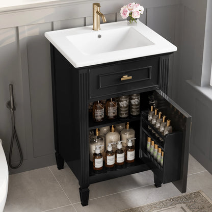 Euroco 20" Bathroom Vanity with Integrated Ceramic Sink, Soft-Close Hinges and Drawer Storage, Solid Wood Legs