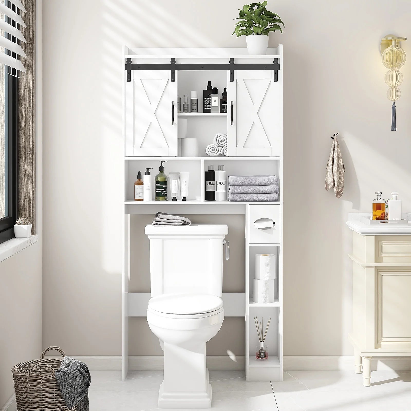 Over The Toilet Storage Cabinet, Farmhouse Storage Cabinet Over Toilet with Sliding DoorsHome Space-Saving Toilet Rack, for Bathroom, Restroom, Laundry