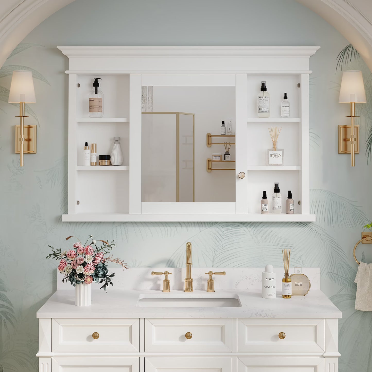 FORCLOVER 40"x 32" Bathroom Medicine Cabinet with 3 Adjustable Shelves, Recessed Mount Wooden Medicine Cabinet Storage with Mirrors and Soft-Close Door, White