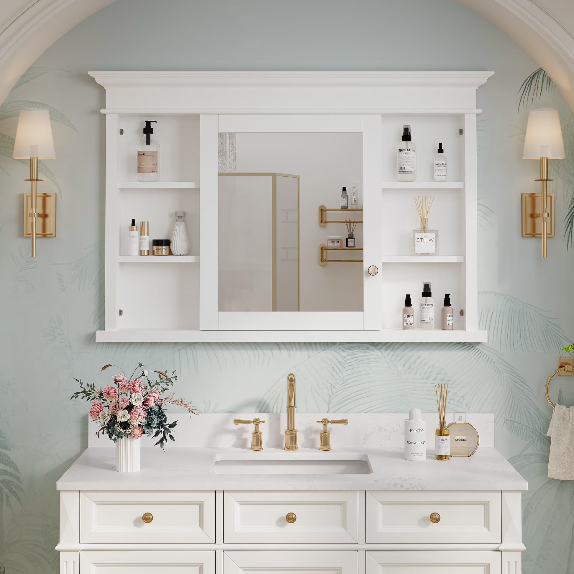 FORCLOVER 40"x 32" Bathroom Medicine Cabinet with 3 Adjustable Shelves, Recessed Mount Wooden Medicine Cabinet Storage with Mirrors and Soft-Close Door, White