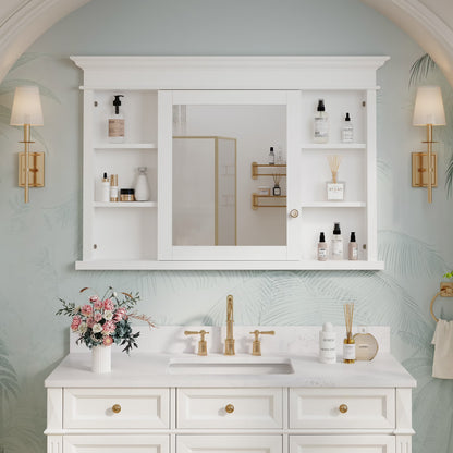 FORCLOVER 40"x 32" Bathroom Medicine Cabinet with 3 Adjustable Shelves, Recessed Mount Wooden Medicine Cabinet Storage with Mirrors and Soft-Close Door, White