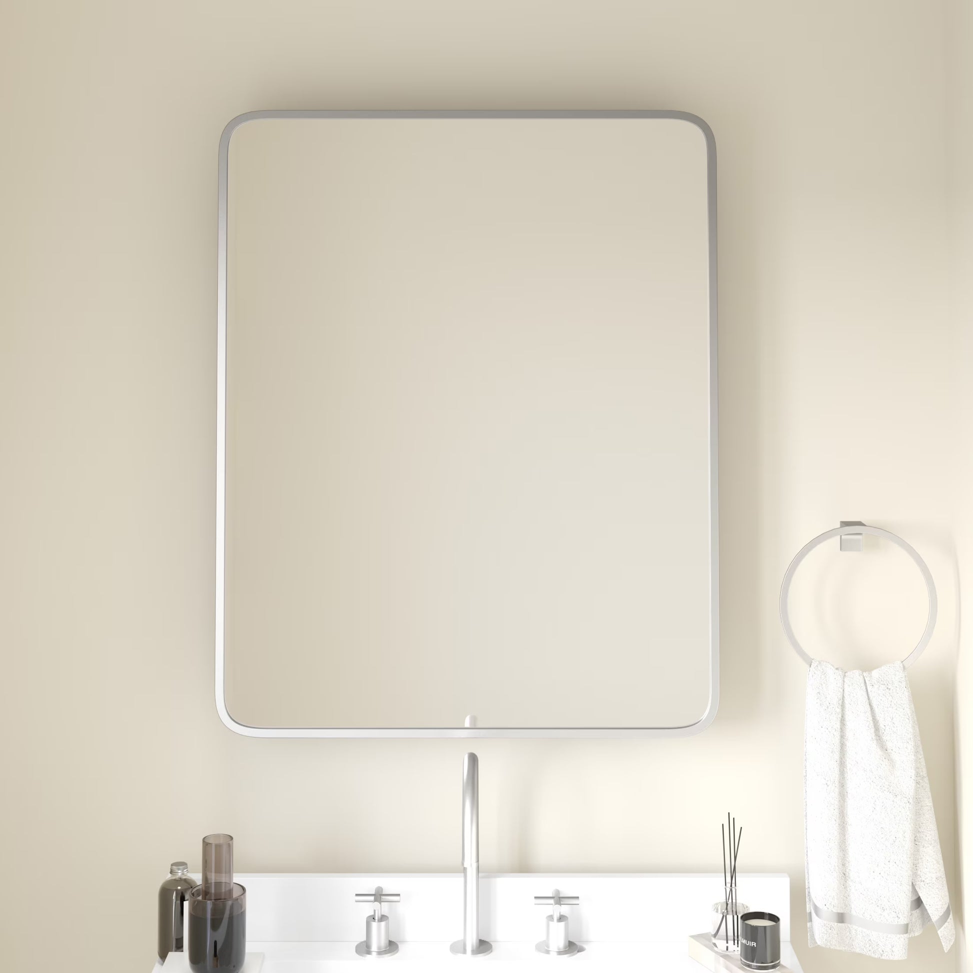 Emma + Oliver Black Metal Framed Bathroom Medicine Cabinet with Reversible, Recessed Design and Beveled Rounded Mirror - 24" x 30"