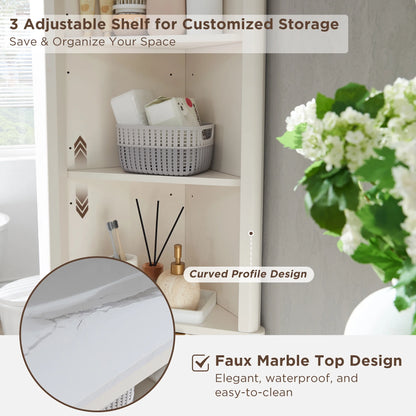OKD 68" Tall Corner Storage Cabinet with Faux Marble Top and Adjustable Shelves Modern Pantry Curved Profile Bookshelf for Bathroom Kitchen Living Room Dining Room, Off White