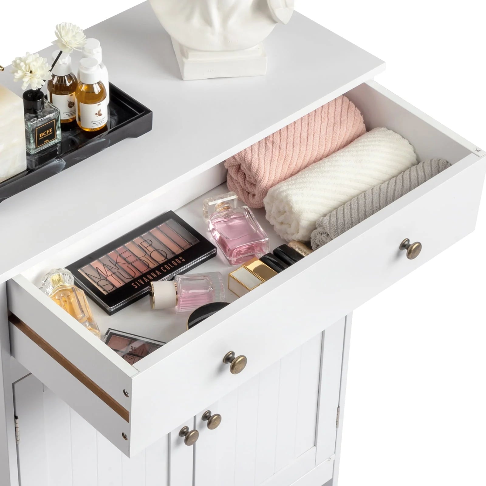 BaytoCare Wooden Free Standing Bathroom Floor Cabinet with Drawer and Double Doors, Bathroom Storage Organizer also Suitable for Kitchen Entryway Bedroom, White Finish