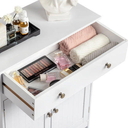 BaytoCare Wooden Free Standing Bathroom Floor Cabinet with Drawer and Double Doors, Bathroom Storage Organizer also Suitable for Kitchen Entryway Bedroom, White Finish