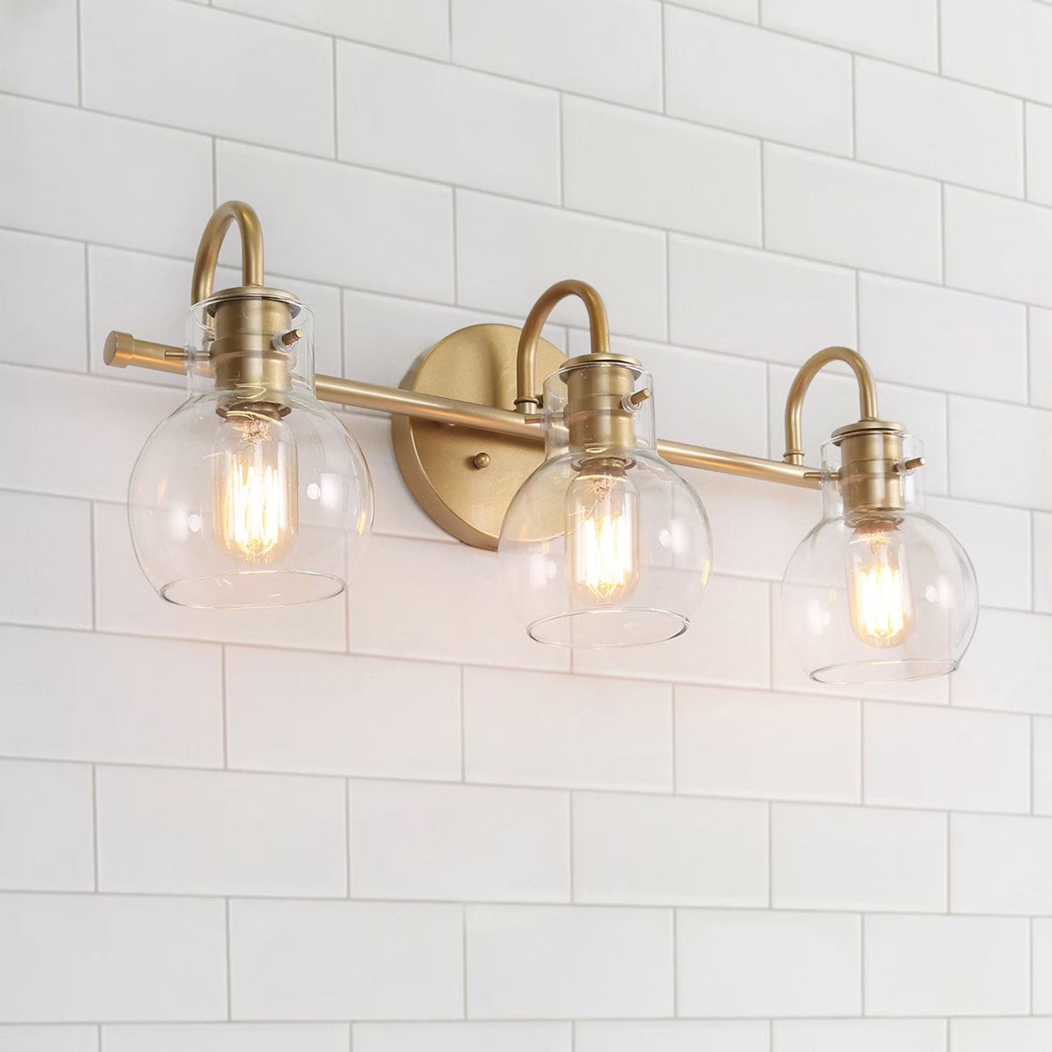 LNC 3-Light Gold Round Clear Glass Shade Modern Bathroom Vanity Lighting Fixutre