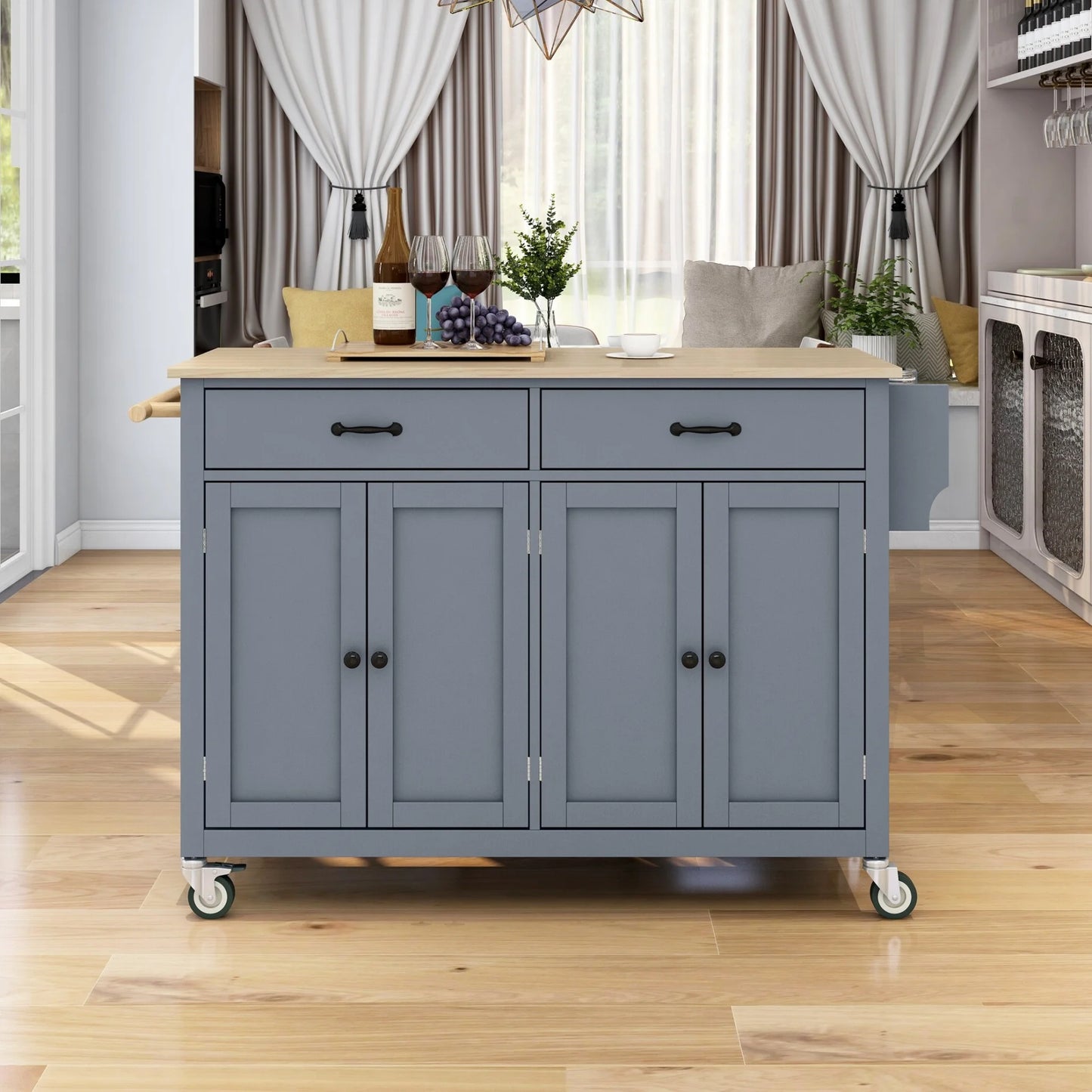 54.3" Kitchen Island Cart, Modern Solid Wood Storage Cabinet with Locking Wheels, 4 Door, Spice Rack, Towel Rack and Two Drawers, Rolling Mobile Kitchen Island Table, Blue