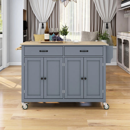 54.3" Kitchen Island Cart, Modern Solid Wood Storage Cabinet with Locking Wheels, 4 Door, Spice Rack, Towel Rack and Two Drawers, Rolling Mobile Kitchen Island Table, Blue