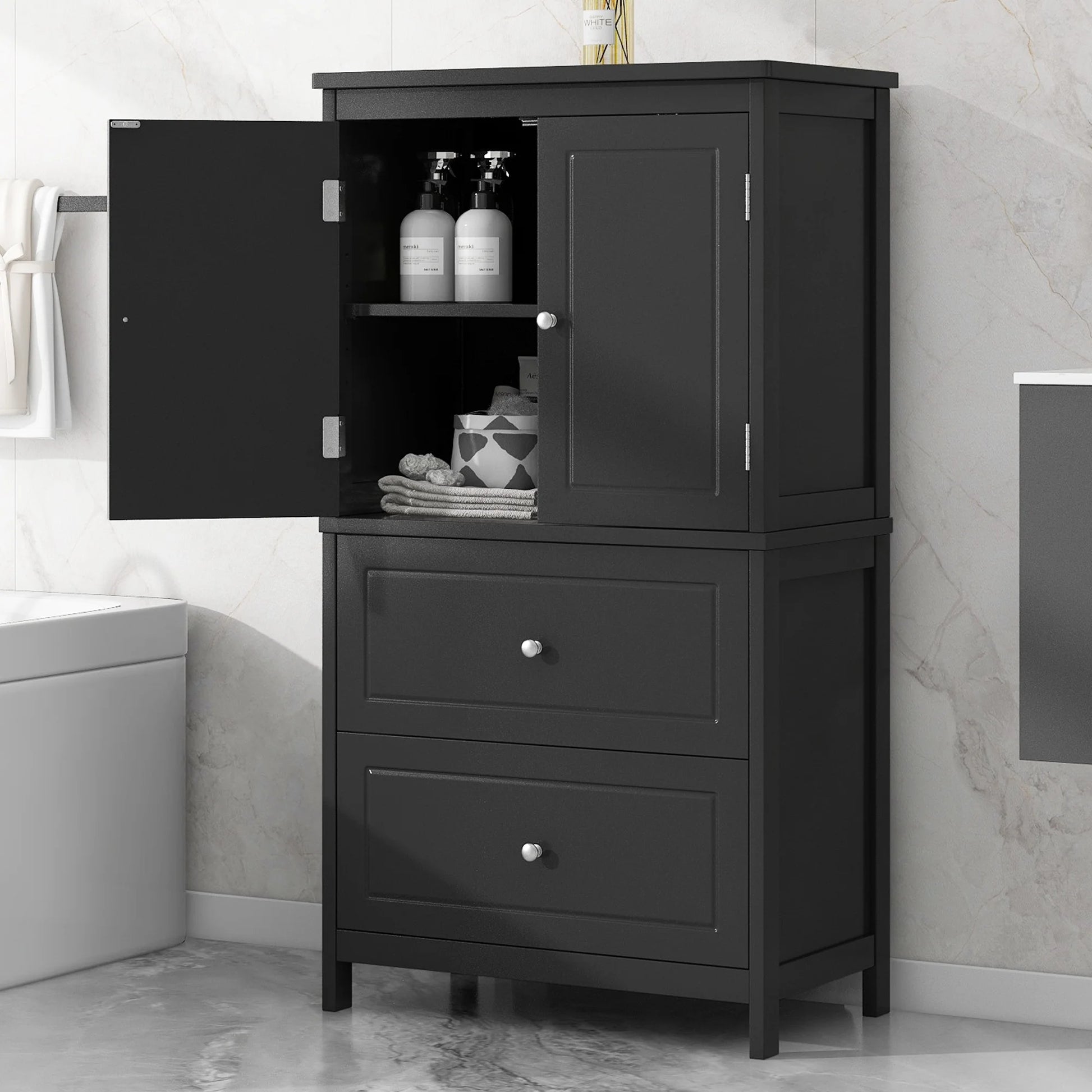 EUROCO Bathroom Floor Storage Cabinet,Bathroom Storage Unit,Freestanding Cabinet with 2 Drawers and 2 Doors,Adjustable Shelf,11.8 x 23.6 x 43.3 Inches,White