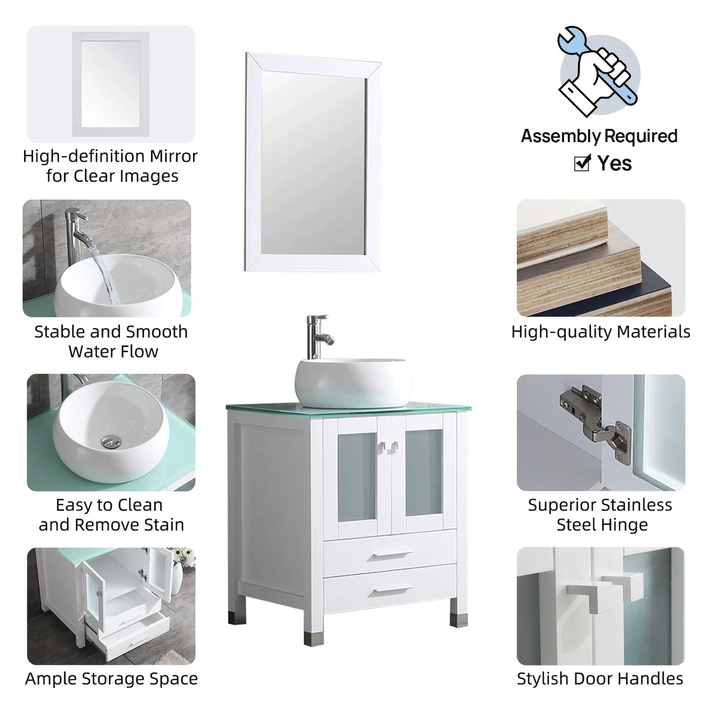 Wonline 24" Bathroom Vanity Cabinet Ceramic Sink Faucet Drain Combo w/Mirror Set White