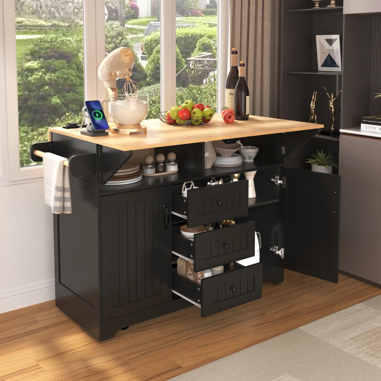 55.7'' Large Kitchen Island with 2 Drop Leaf,, Rolling Kitchen Cart on Wheels with Power Outlet, Spice & Towel Rack and 3 Drawers, Folding Storage Dining Table for Kitchen, Dining Room, Green