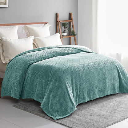 Exclusivo Mezcla King Size Jacquard Weave Wave Pattern Flannel Fleece Velvet Plush Bed Blanket as Bedspread/Coverlet/Bed Cover (90" x 104", Celadon) - Soft, Lightweight, Warm and Cozy