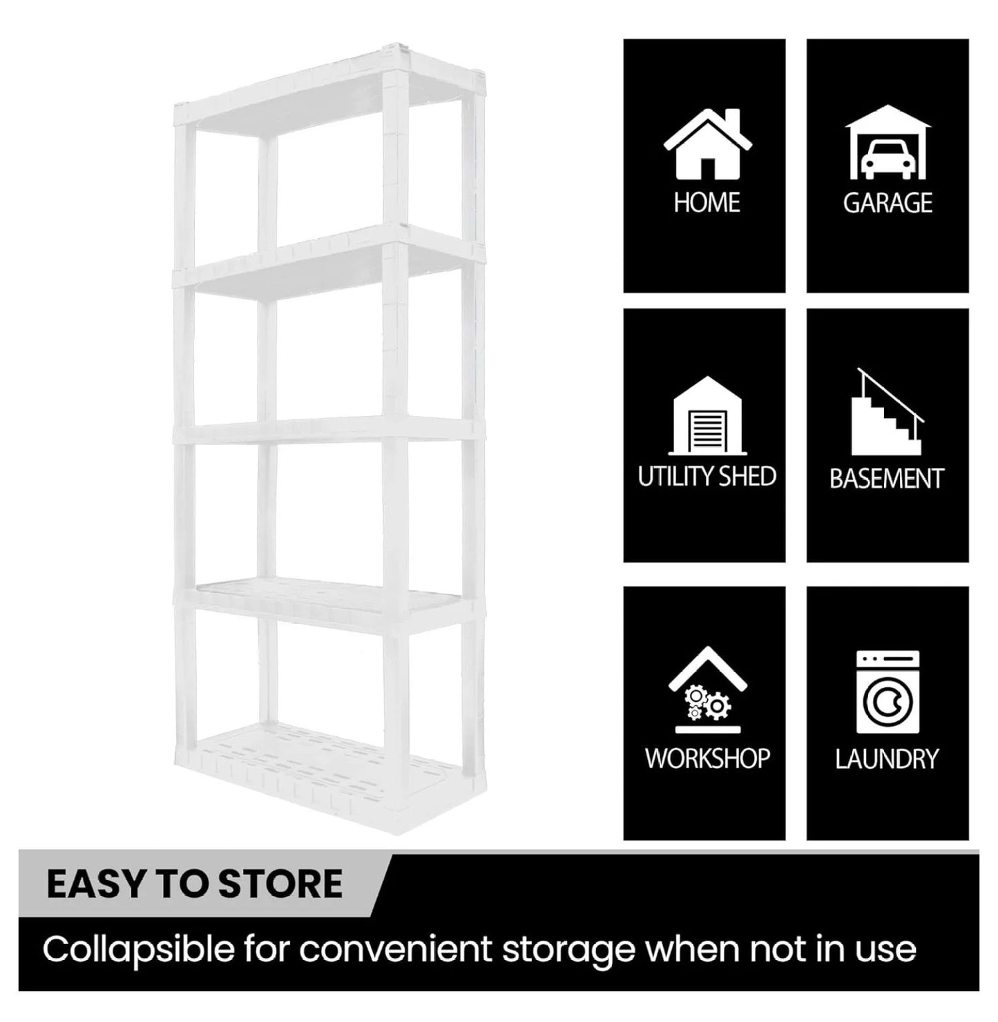 Oskar 5 Tier Plastic Shelves - Bathroom, Kitchen, Garage Storage - Heavy Duty, Stackable, No Tools, White 5-Tier-Small White