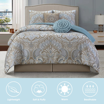 Lanco Luscious Diane 6-Piece Reversible Comforter Bedding Set, California King, Blue Gold, Fill Material Polyester, Floral