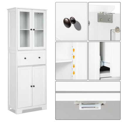 Ktaxon 64" Tall Bathroom Storage Cabinet Organizer, Freestanding Kitchen Pantry Cabinet Line Tower with 2 Glass Doors, Large Drawer & 4 Adjustable Shelves for Dining Room Living Room Home Office,White