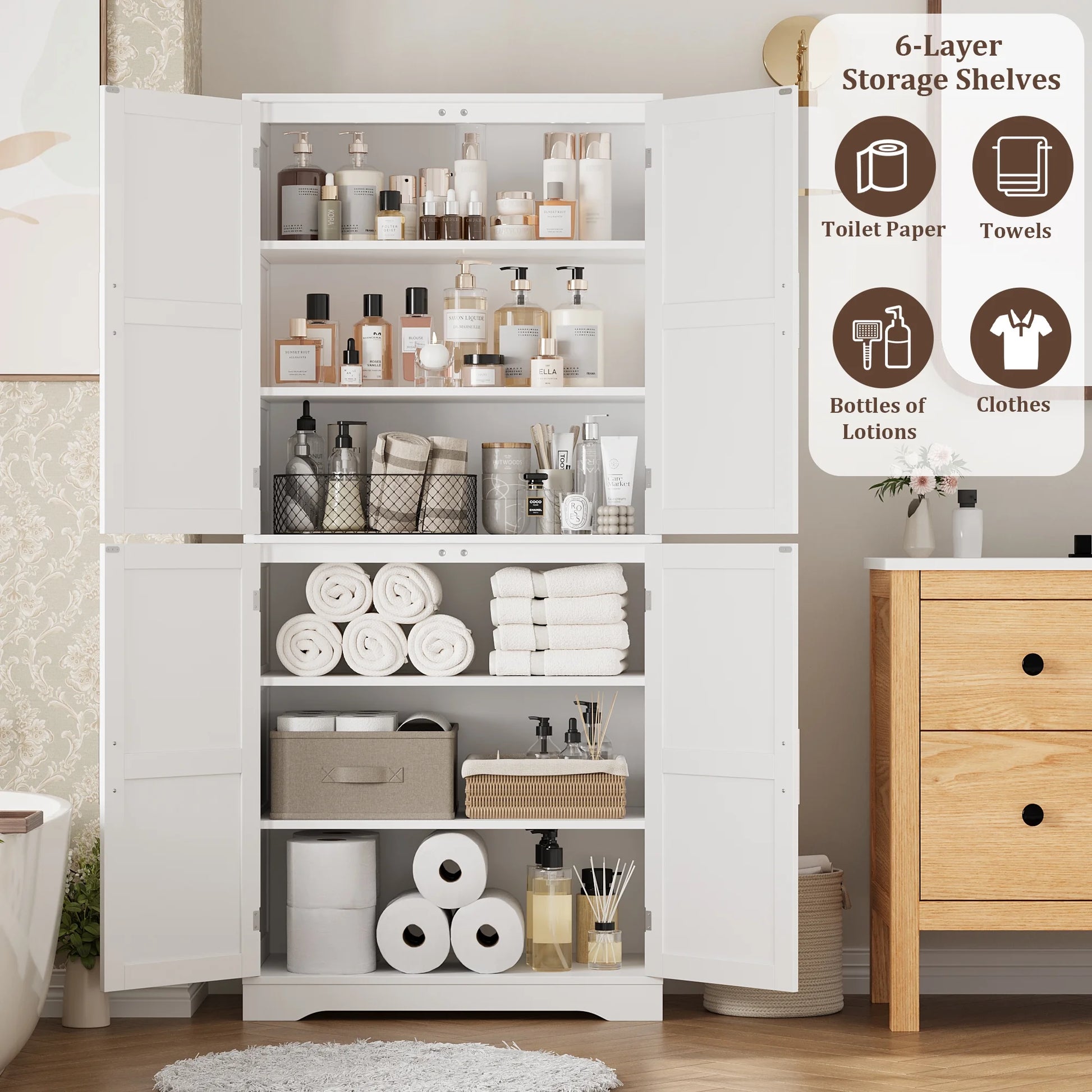 Homfa 71'' Bathroom Cabinet with 6 Storage Shelves, Freestanding Wooden Linen Cabinet for Living Room, White