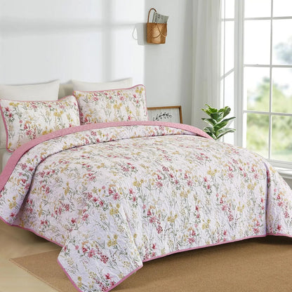 King Size Quilt Set, Pink Floral Pattern Quilt Bedding Set King, 3 Pieces Botanical Quilt Soft Microfiber Bed Coverlet for All Season(104" x 90")