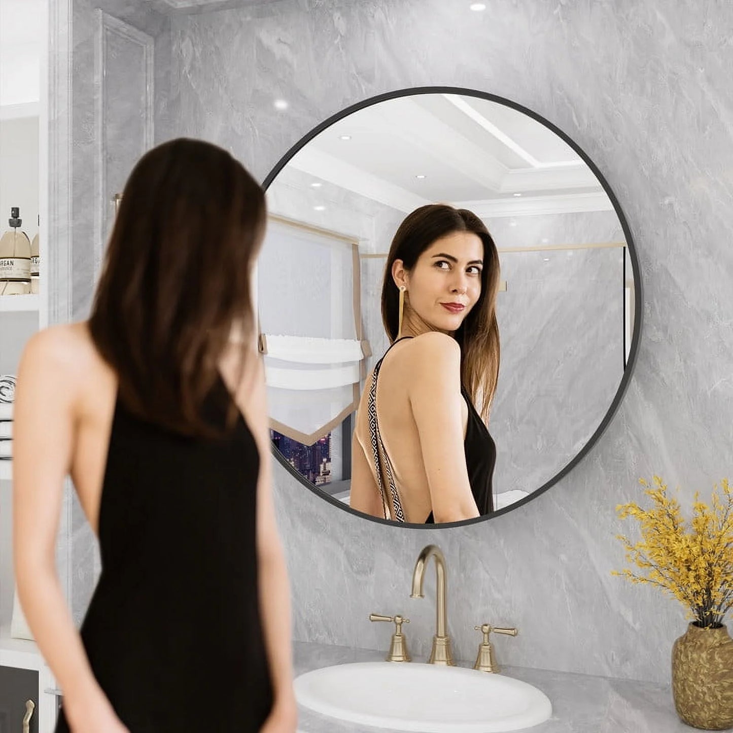 WallBeyond Bathroom Medicine Cabinet with Round Mirror Aluminum Framed 24", Gold