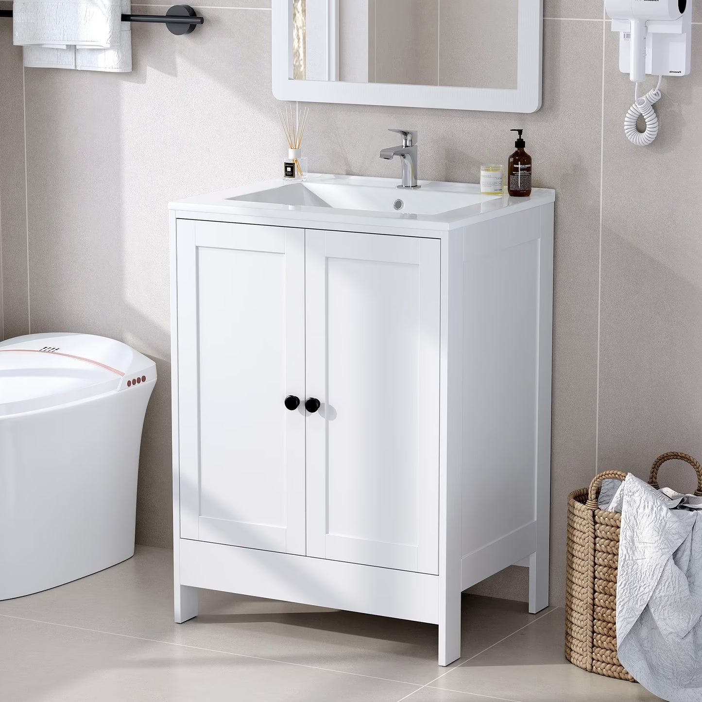 Ktaxon Modern 36'' Bathroom Vanity Set with Sink Ceramic Top, Freestanding Cabinet Storage Space Saver, White (Split Two Packages for Delivery)