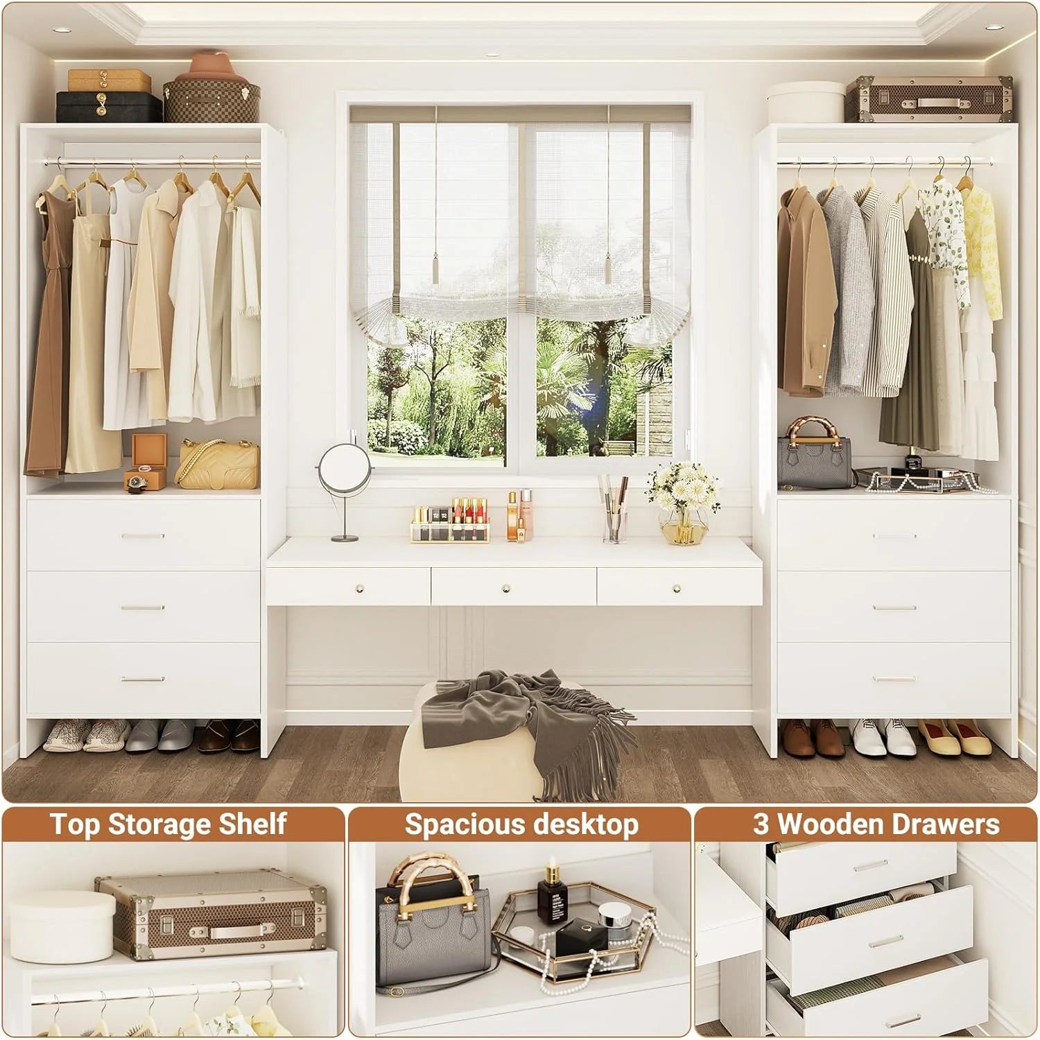 Homieasy Closet System Closet Organizer, Wood Closet Organizer System, Walk-in Closet or Small Closets Wardrobe, Clothes Rack with Hanging Rods, 4FT Closets, Set of 2, White Oak