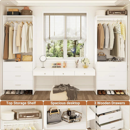 Homieasy Closet System Closet Organizer, Wood Closet Organizer System, Walk-in Closet or Small Closets Wardrobe, Clothes Rack with Hanging Rods, 4FT Closets, Set of 2, White Oak