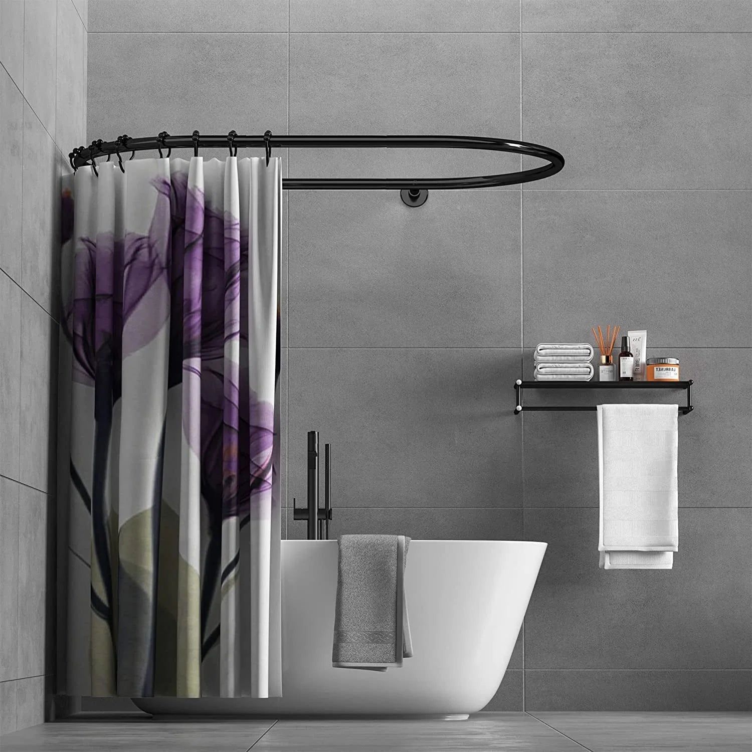Aluminum Alloy Oval Shower Curtain Rod Hoop Square Shape Bathroom Rod for Clawfoot Tub Free Standing Tubs (Black)