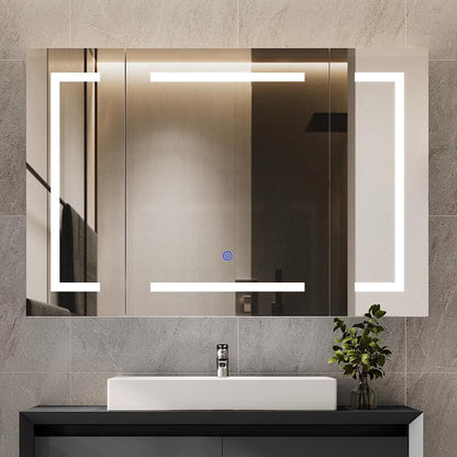 Lighted Medicine Cabinet with Mirror& LED Light for Bathroom,Wall Mounted Bathroom Mirror Cabinet with Storage and 2 Outlet and 3 Doors for Home, White, 39.4" x 23.6"