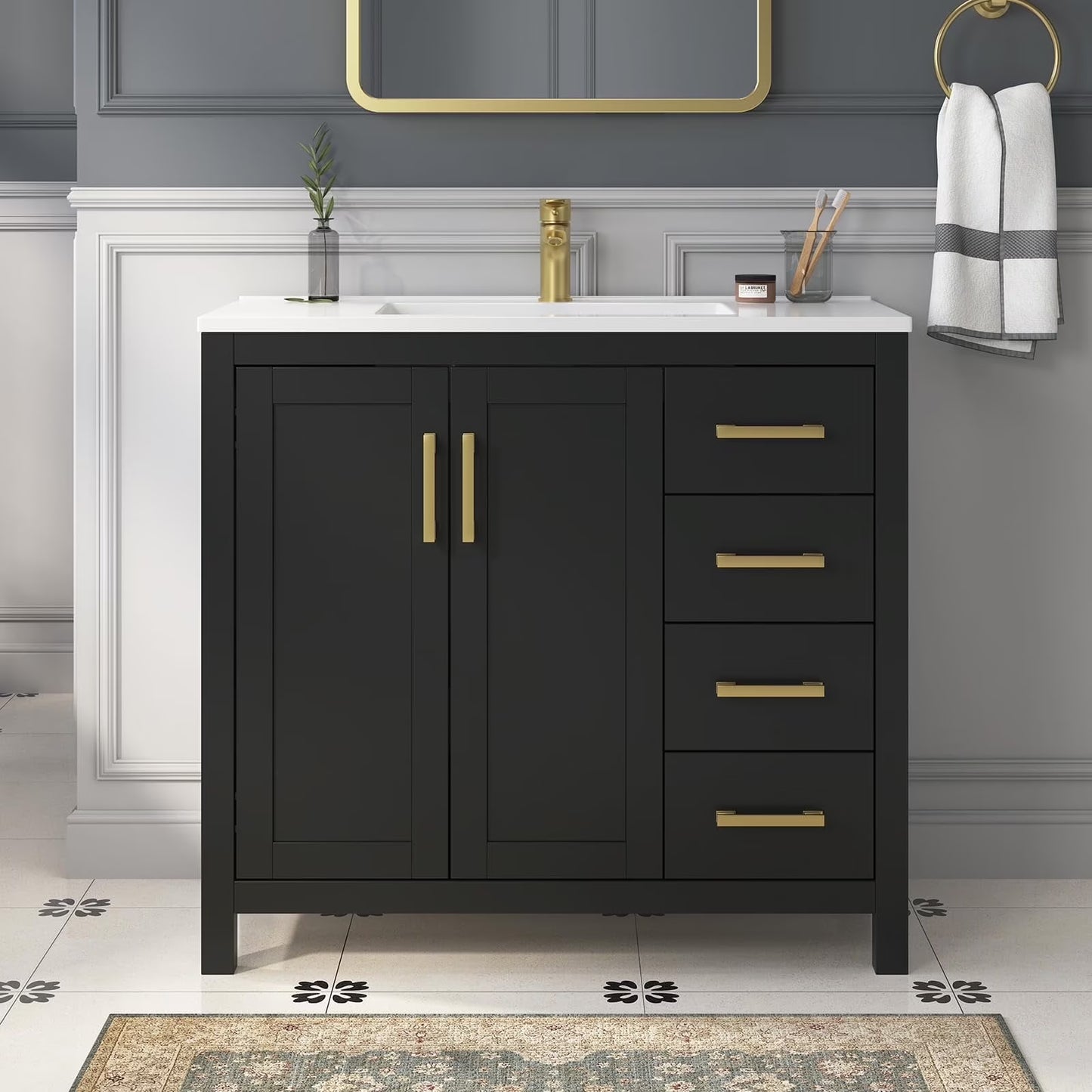 DELUXE LIVING 36 Inch Bathroom Vanity with Sink, Modern Black Bathroom Vanities with Adjustable Feets, 2 Soft-Closing Doors & 4 Drawers, Integral Sink