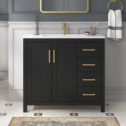 DELUXE LIVING 36 Inch Bathroom Vanity with Sink, Modern Black Bathroom Vanities with Adjustable Feets, 2 Soft-Closing Doors & 4 Drawers, Integral Sink